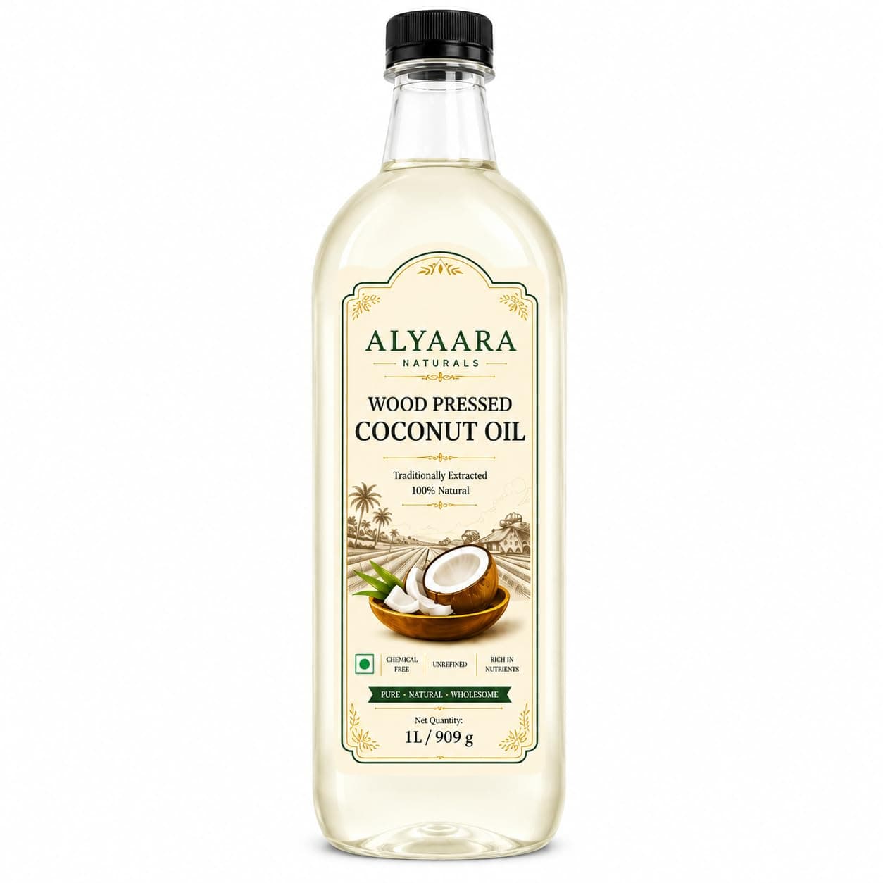 Alyaara Wood Cold Pressed Coconut Oil 1L | 100% Pure & Chemical-Free | Ideal for Cooking, Skin & Baby Massage