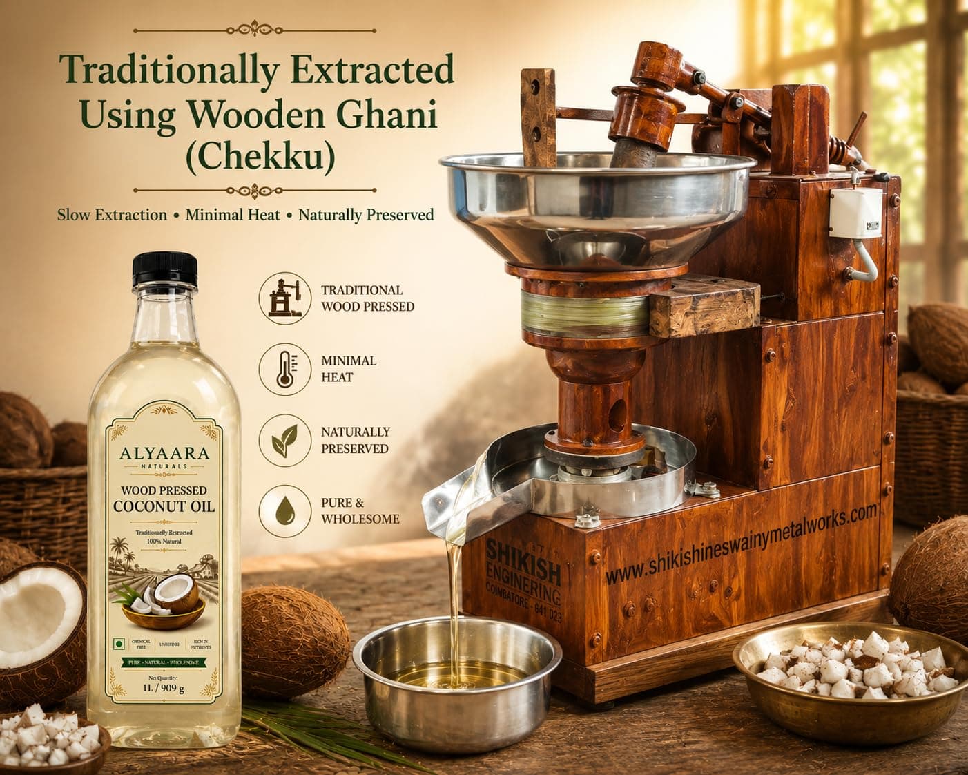 Alyaara Wood Cold Pressed Coconut Oil 1L | 100% Pure & Chemical-Free | Ideal for Cooking, Skin & Baby Massage
