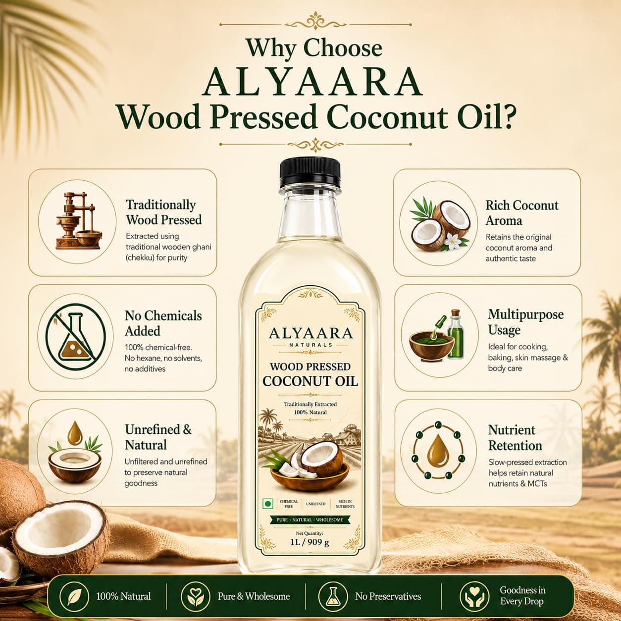 Alyaara Wood Cold Pressed Coconut Oil 1L | 100% Pure & Chemical-Free | Ideal for Cooking, Skin & Baby Massage