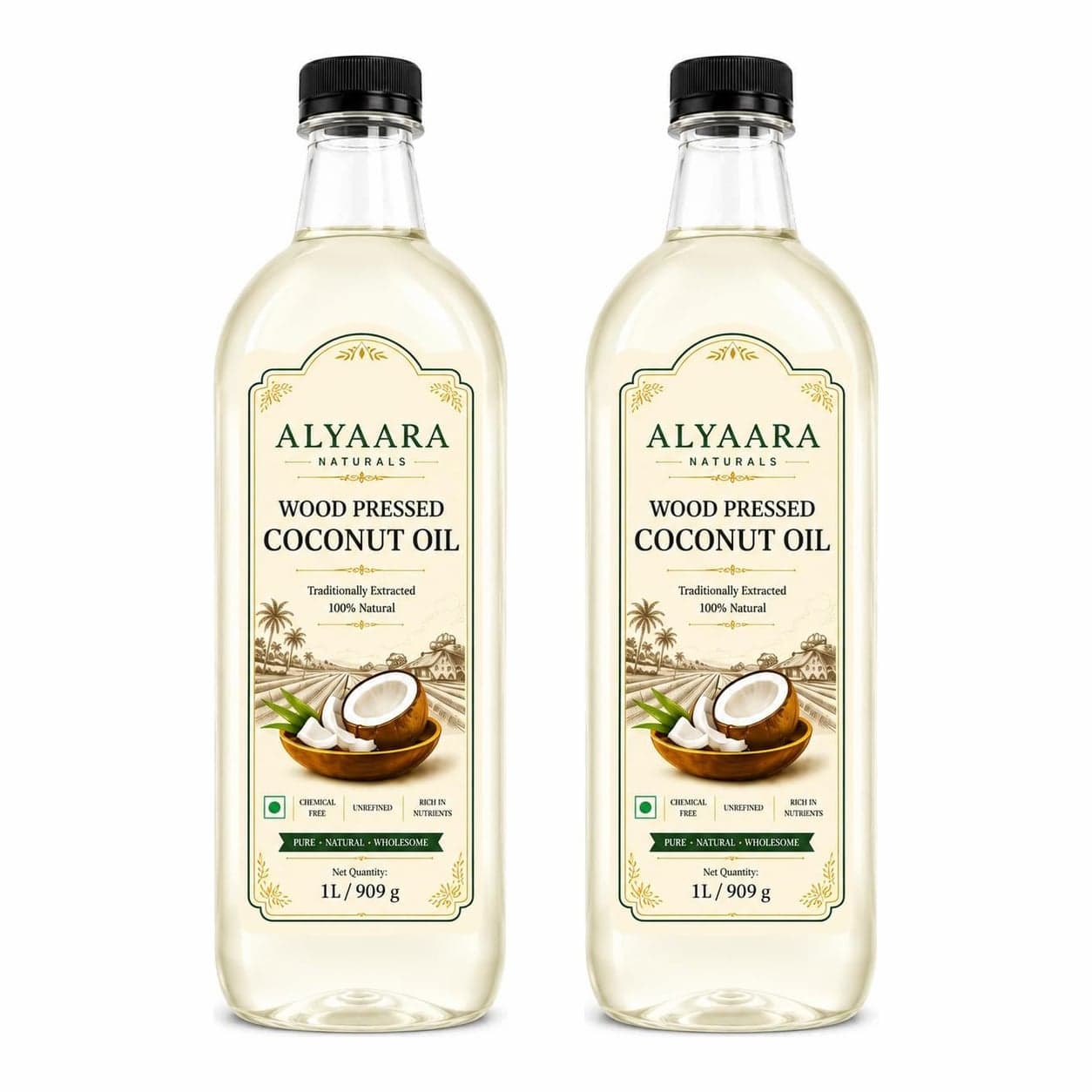 Alyaara wood pressed coconut oil 2 L pack: two 1 L bottles