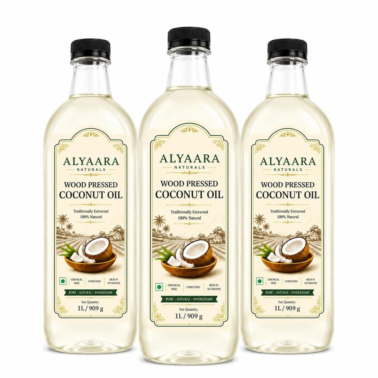 Alyaara wood pressed coconut oil 3 L pack: three 1 L bottles