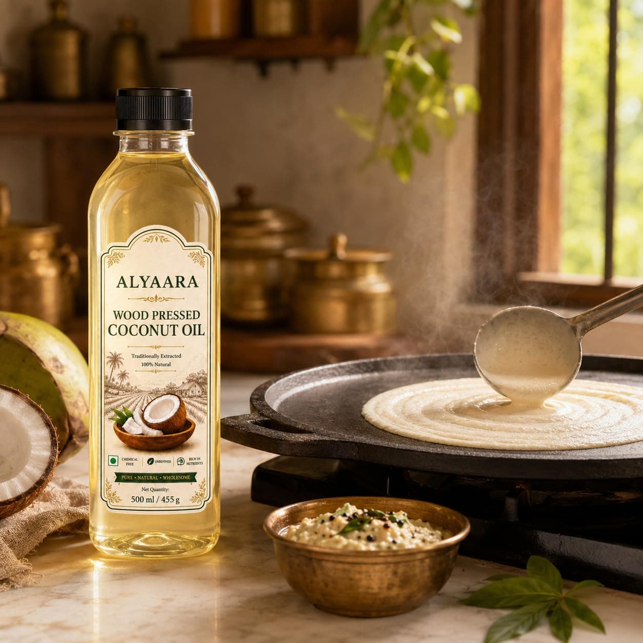 Alyaara Wood Cold Pressed Coconut Oil 1L | 100% Pure & Chemical-Free | Ideal for Cooking, Skin & Baby Massage