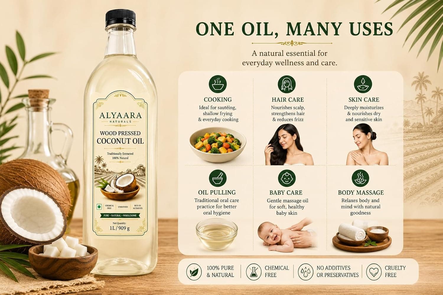 Alyaara Wood Cold Pressed Coconut Oil 1L | 100% Pure & Chemical-Free | Ideal for Cooking, Skin & Baby Massage