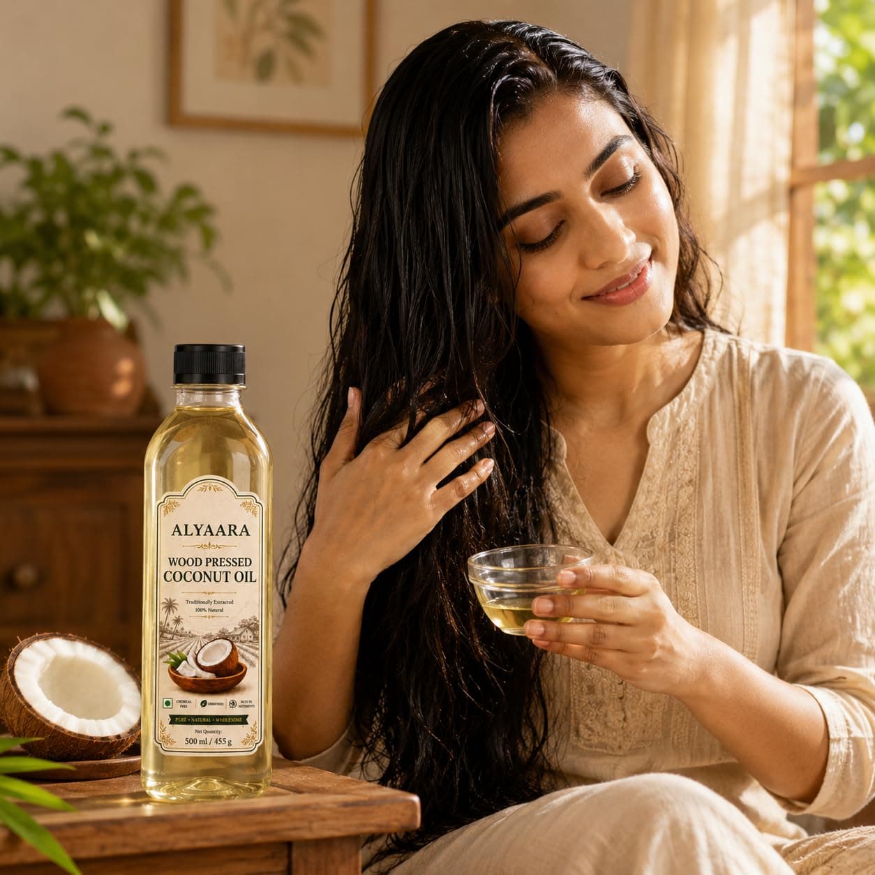 Alyaara Wood Cold Pressed Coconut Oil 1L | 100% Pure & Chemical-Free | Ideal for Cooking, Skin & Baby Massage
