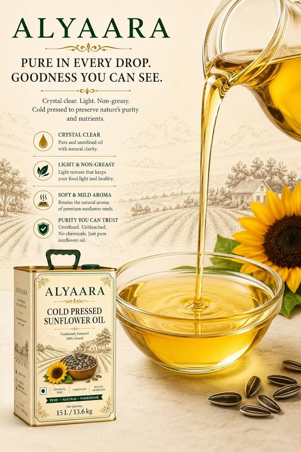 Clear cold pressed sunflower oil poured into a glass bowl beside the 15 L tin
