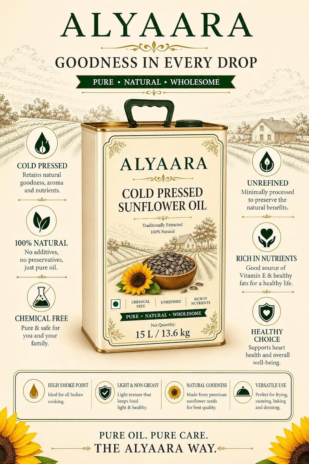 Why Alyaara sunflower oil: cold pressed, unrefined, 100% natural, chemical free, with the 15 L tin