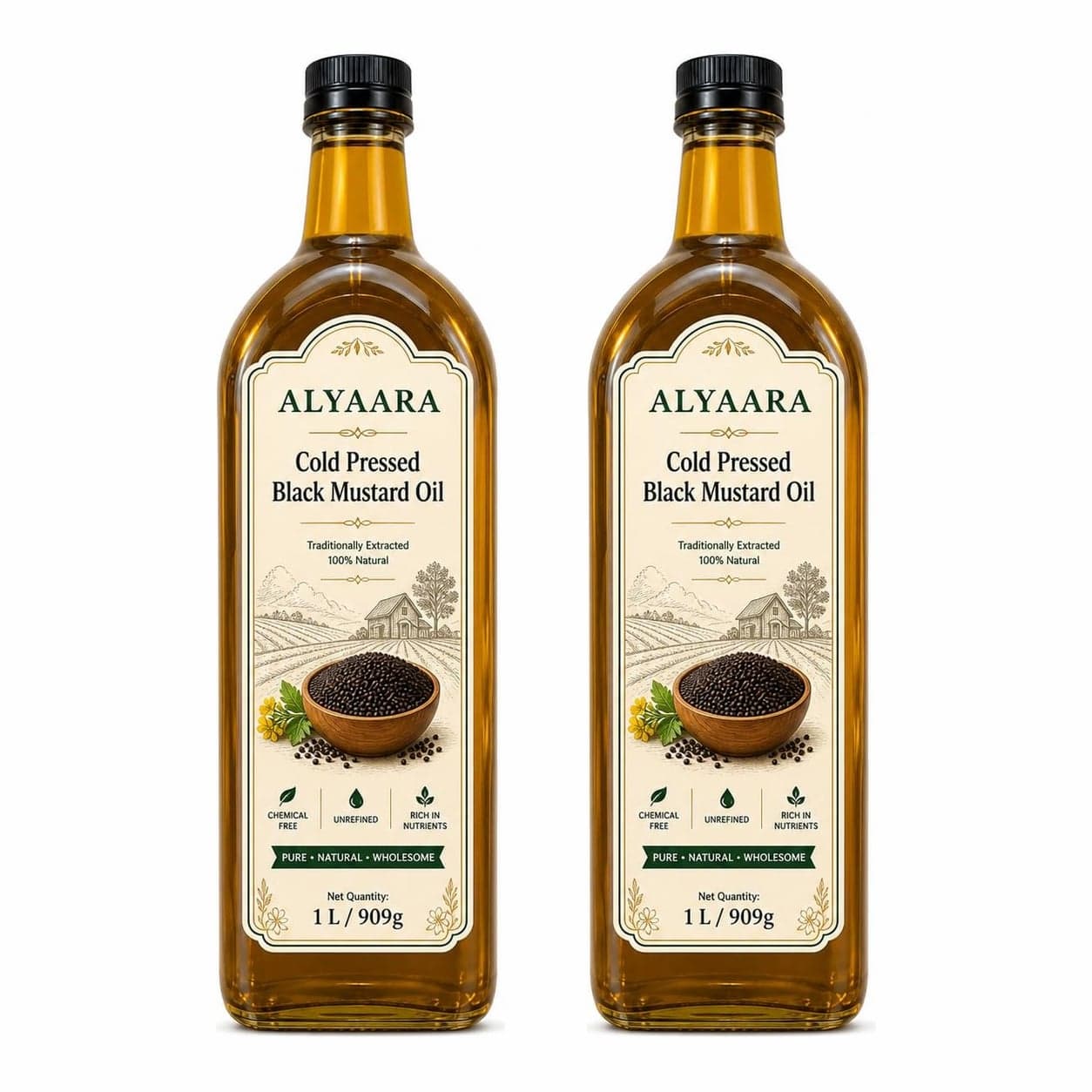 Alyaara cold pressed black mustard oil 2 L pack: two 1 L bottles