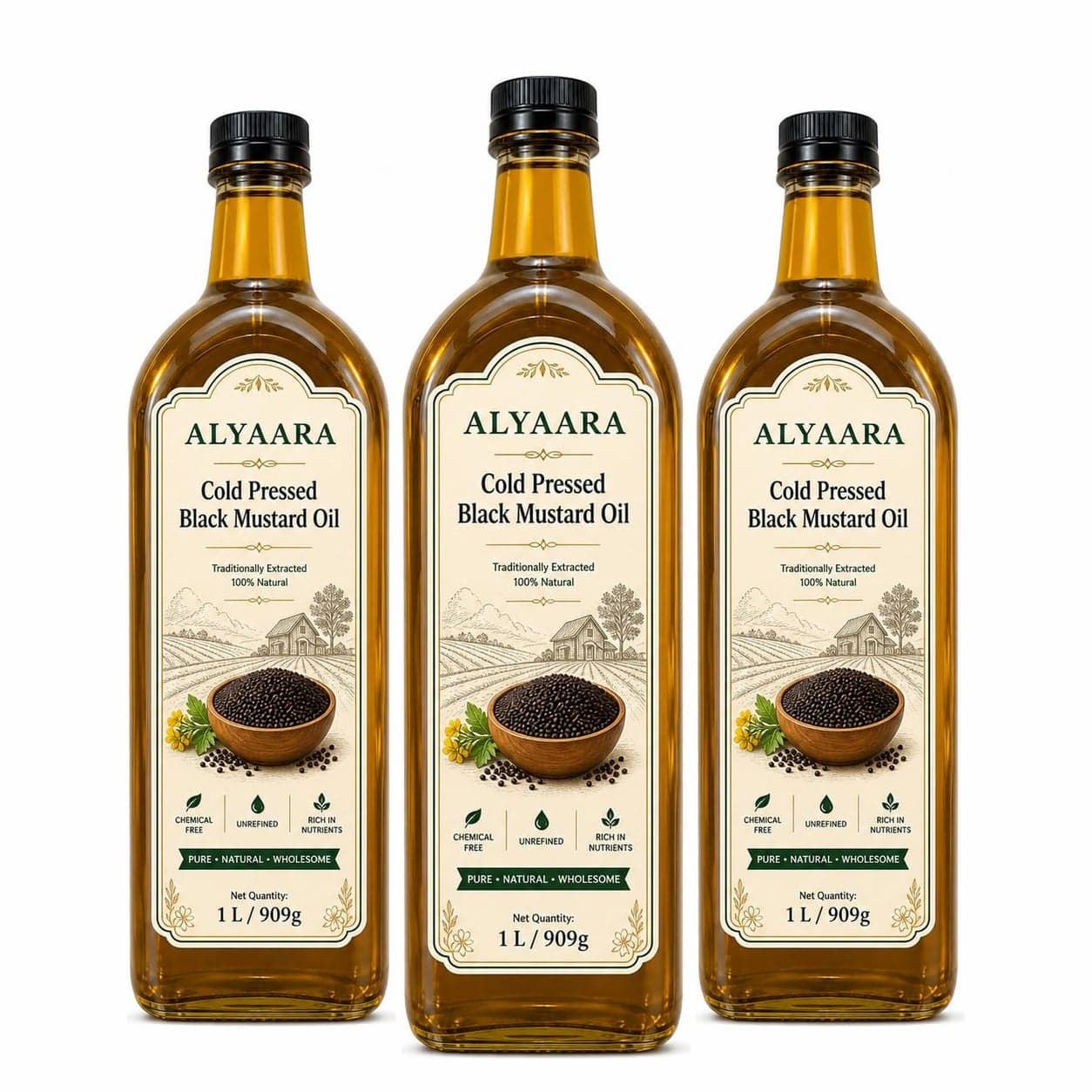 Alyaara cold pressed black mustard oil 3 L pack: three 1 L bottles
