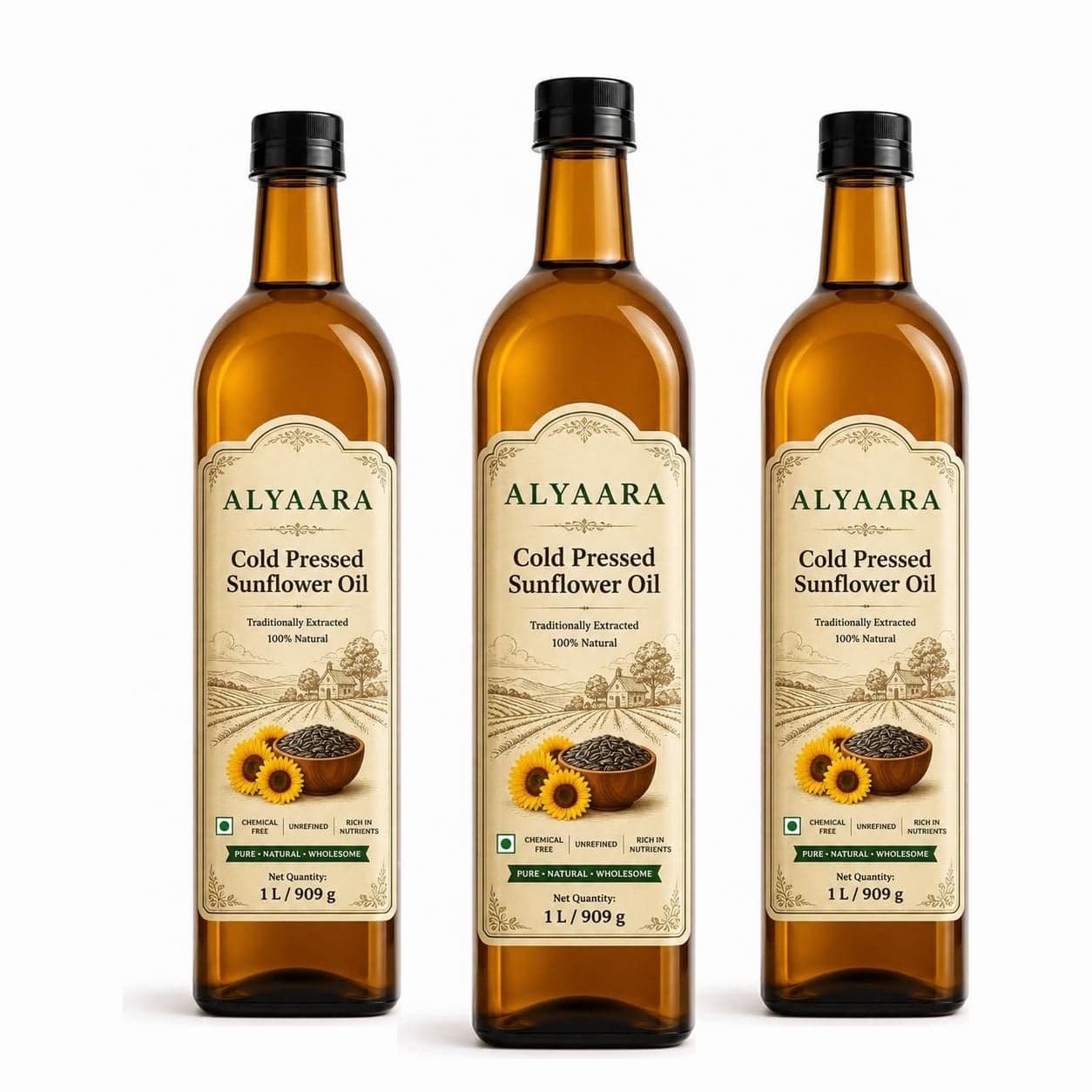Alyaara cold pressed sunflower oil 3 L pack: three 1 L bottles