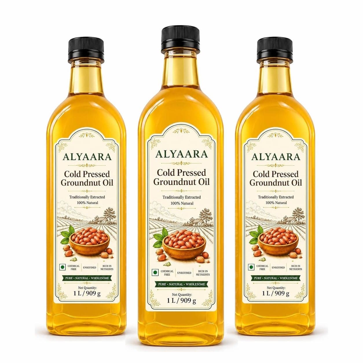 Alyaara cold pressed groundnut oil 3 L pack: three 1 L bottles