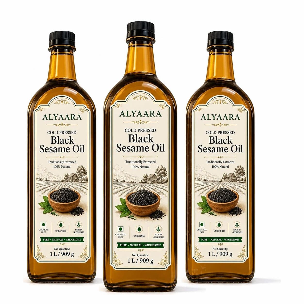 Alyaara cold pressed black sesame oil 3 L pack: three 1 L bottles